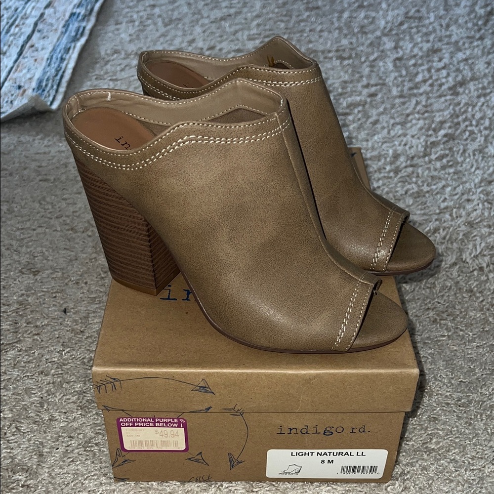 Indigo Women's Tan Peep-Toe Mules